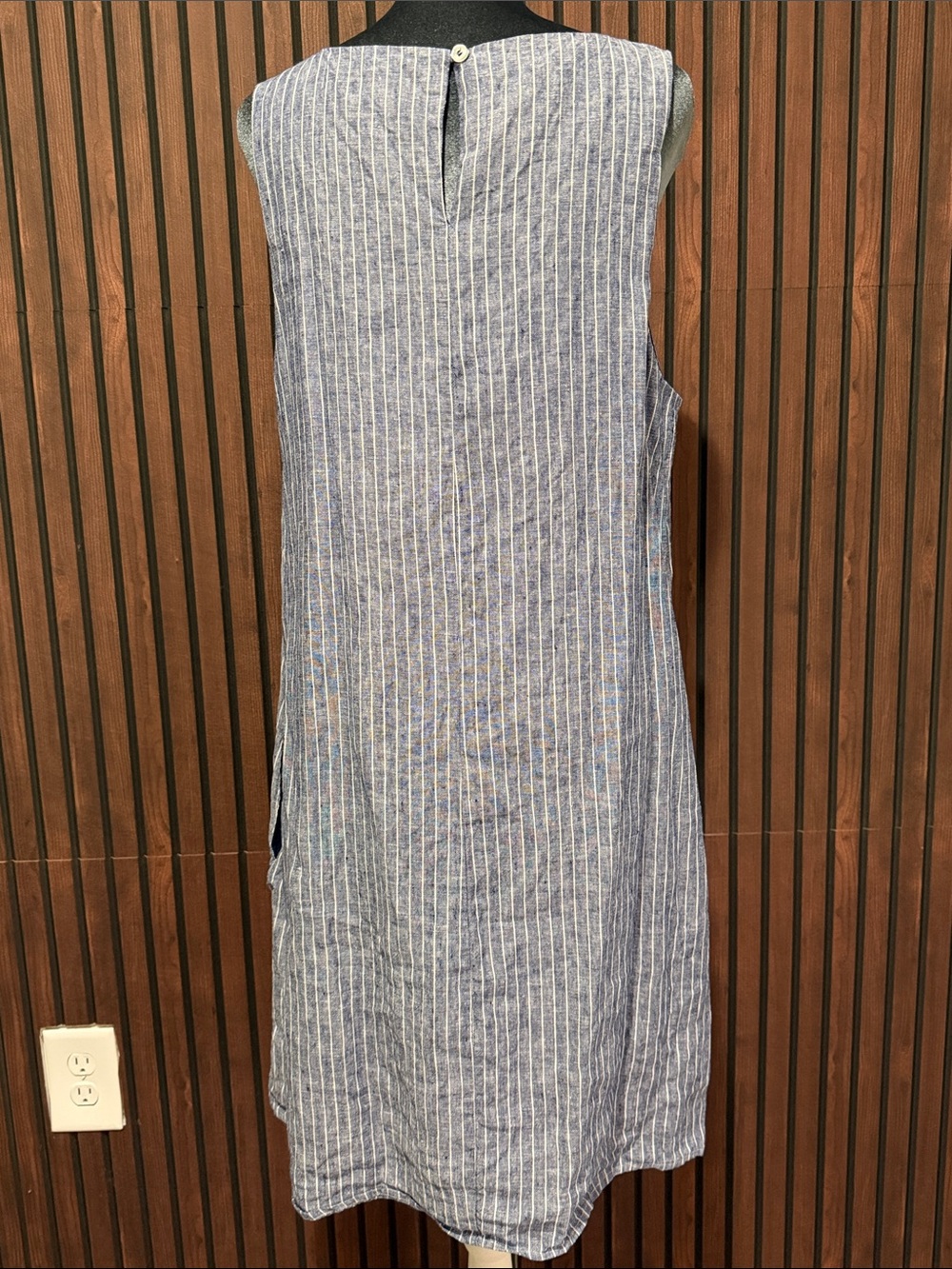 Quince Blue & White Striped Linen Blend Sleeveless Shift Dress with Pockets - Picture 2 of 5